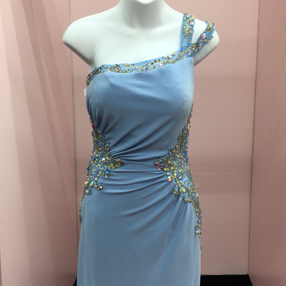 NWT LIGHT BLUE 1 SHOULDER OPEN BACK DRESS W SPLIT